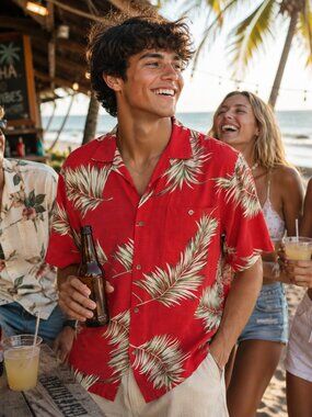 Vintage Y2K Hibiscus Hawaii Rayon Aloha Shirt Red Palm Leaf Camp Collar M